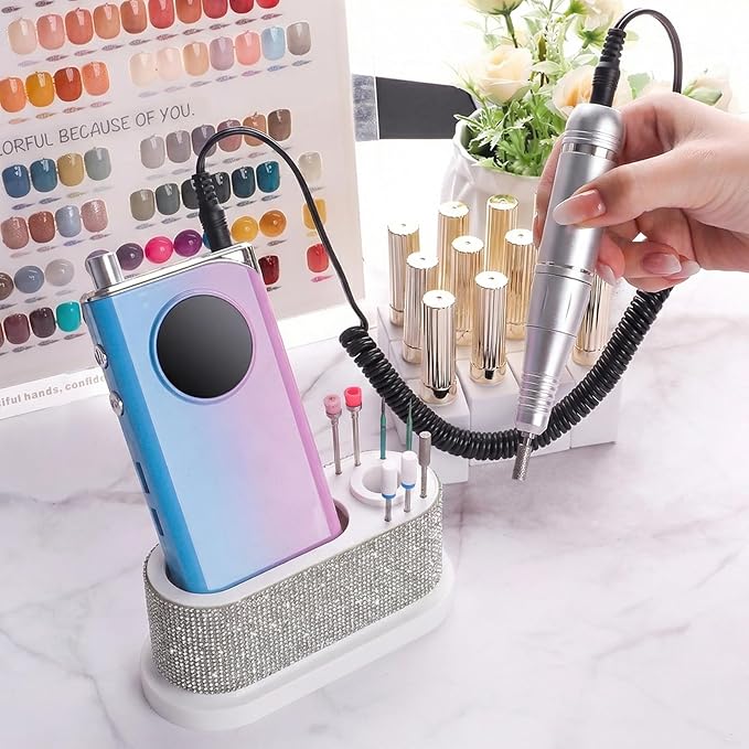 ANGNYA Nail Drill Machine Holder with White Rhinestones, 8 Holes Nail Drill Bit Holder, Nail Efile Stand and Organizer Storage Box Case