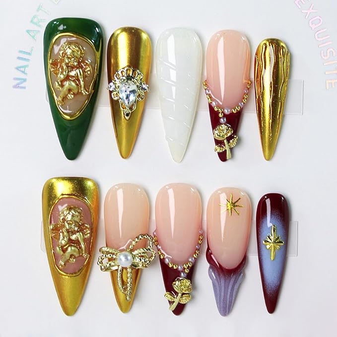 Handmade Press on Nails French Tip False Nails with Golden Little Angel Design - Luxury Gold Vintage 3D Rose Bow Full Cover Reusable Medium Almond Acrylic Nail Tips Thicked Stick on Nail for Women (M)