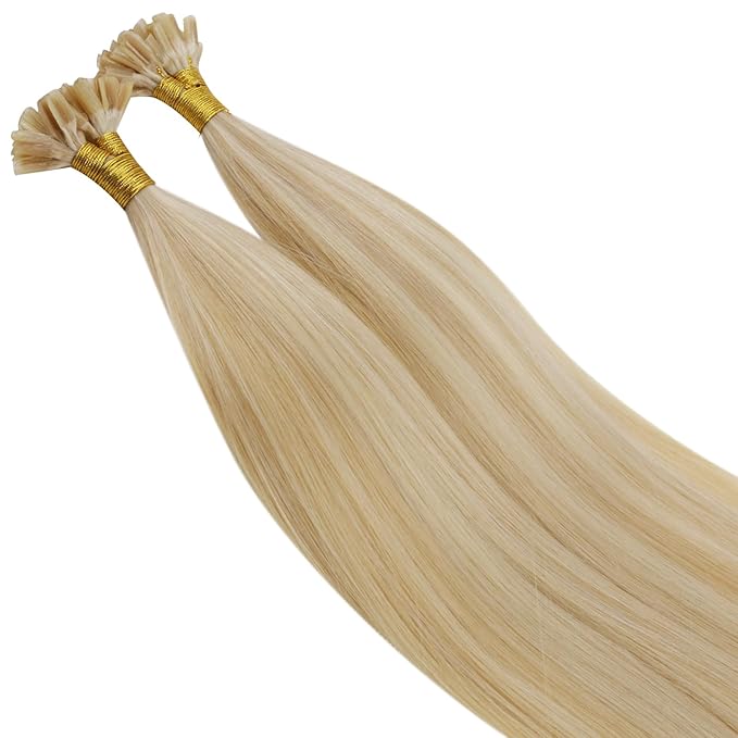 RUNATURE Blonde Hair Extensions U Tip Human Hair Extensions, Hot Fusion K Tip Hair Extensions Real Human Hair, Straight Remy Hair, 14 Inch 50g 50s, #18P613 Ash Blonde Highlights