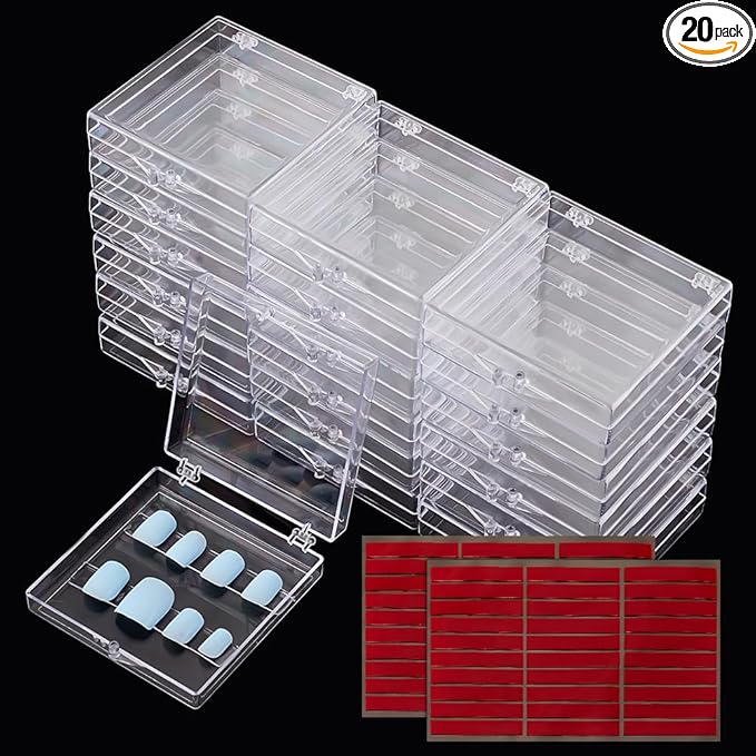 stallry 20pcs Press On Nail Storage Boxes Acrylic Nail Storage Box with 60pcs Double Sided Adhesive Nail Tape for Nail Art Practice Salon Manicure Craft