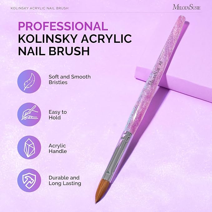 MelodySusie Kolinsky Acrylic Nail Brush,66% Kolinsky Hair Professional Nail Art Brush for Acrylic Application, Aurora Collection Fine Glitter Brush, Purple, Size 8