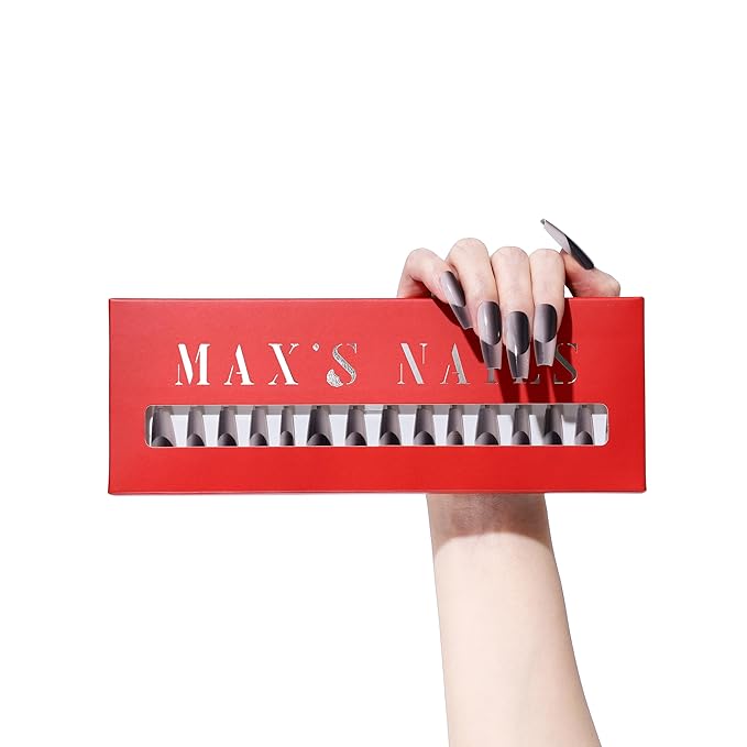 Max’s Press-On Nails 2Tone Collection | 32-Piece Nail Kit including both Glue & Adhesive (Glossy Black)