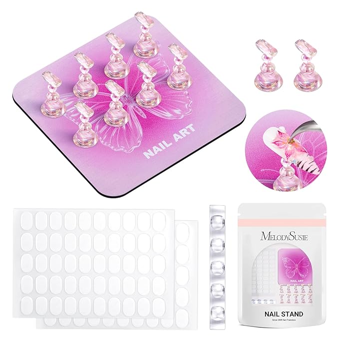 MelodySusie Nail Stand for Press Ons, Super Pink Metal Square With Butterfly Pattern Magnetic Base for Painting Display with Brush Holder And Reusable Double-Sided Tape for Home DIY Salon Supplies