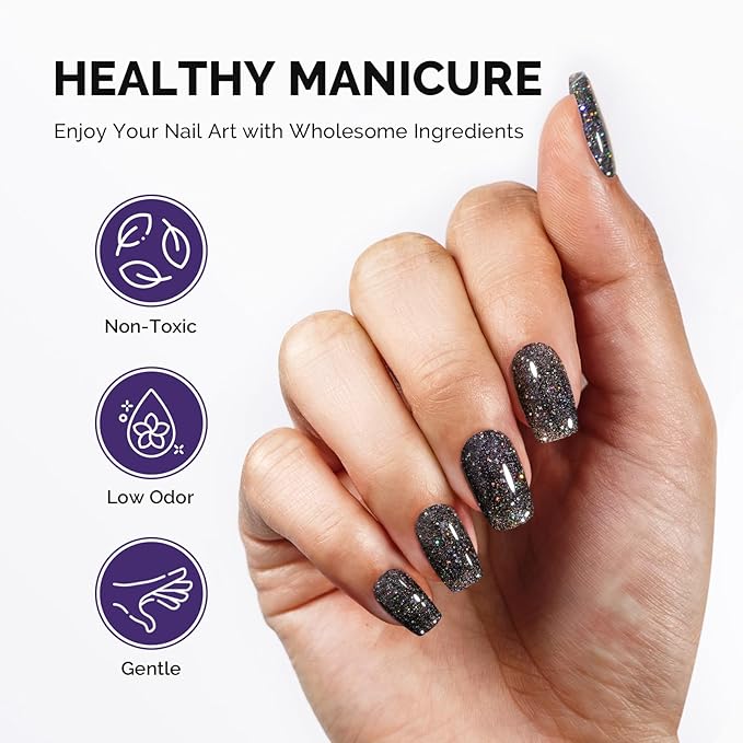 MelodySusie Galaliver Black Glitter Gel Nail Polish, 15ML Sparkly Shimmer Black Gel Polish Soak Off UV LED Cured Long Lasting Gift for Women DIY Nail Design Nail Art Manicure X10