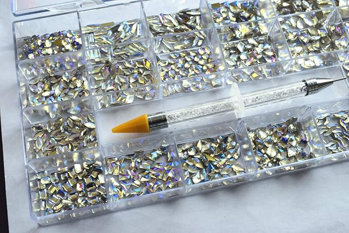 1000PCS Flat Back Gems 20 Shapes Crystal Rhinestones+1 Pick Up Pen Diamond-Shaped Rhinestone Luxury AB Glass 3D Crystals Decoration Gemstones Flat-Back Jewelry for Crafts Nail Art Shoes Bags DIY