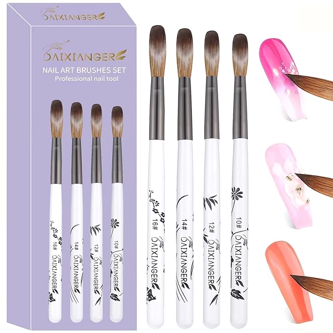 4Pcs Acrylic Nail Brush Set, Size 10/12/14/16, Professional Nail Brushes for Acrylic Application Powder & Nail Extension, 3D Nail Carving Tools for DIY Home Salon Manicure-White