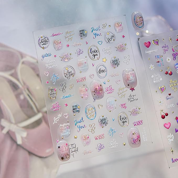 5D Embossed Valentines Nail Art Stickers Self-Adhesive Letter Nail Stickers Retro English Alphabet Heart Star Circle Designs Cute Nails Valentines Day Nail Decals for Women Manicure Supplies DIY