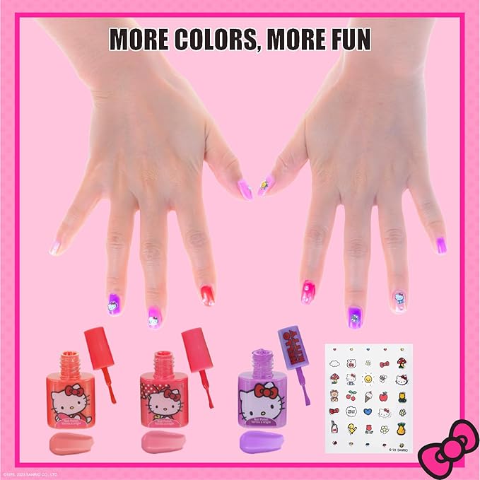 Hello Kitty Water-Based Nail Polish Set, Peel-Off Set with Glittery & Opaque Colors and Nail Accessories for Girls Kids, Perfect for Dress Up, Parties & Makeovers Ages 3+ by Townley Girl