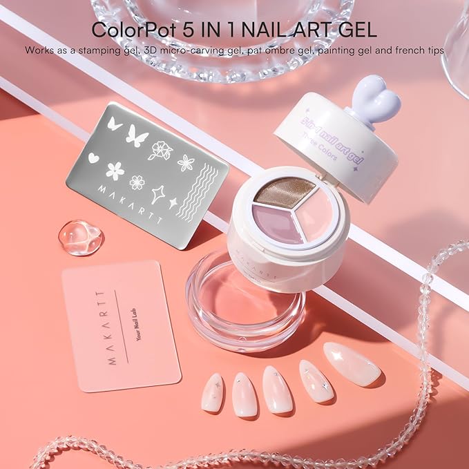 Makartt 5-in-1 Nail Art Gel: ColorPot 3 Colors Gel Nail Polish No Wipe with Nail Stamp for Stamping, French Tips, Ombre Patting, Painting & Sculpting with Silicone Head for Diy Nails at Home Salon
