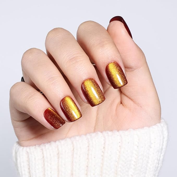 Brown Cat Eye Press On Nails - Short Square Press on Nails Press Ons for Women, Reusable Glossy Fake Nails Kit with Glue DIY Nails Short in 15 Sizes - 30pcs, Amber Mocha