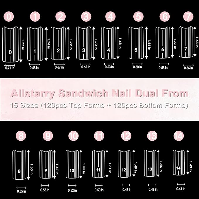 Allstarry Sandwich Dual Nail Forms, Reusable Sandwich Dual Forms 240pcs 15 Sizes Square Nail Extensions Plastic Poly Gel Nails Forms for Builder Gel No Paper Forms Needed Moldes Dual Nails Molds