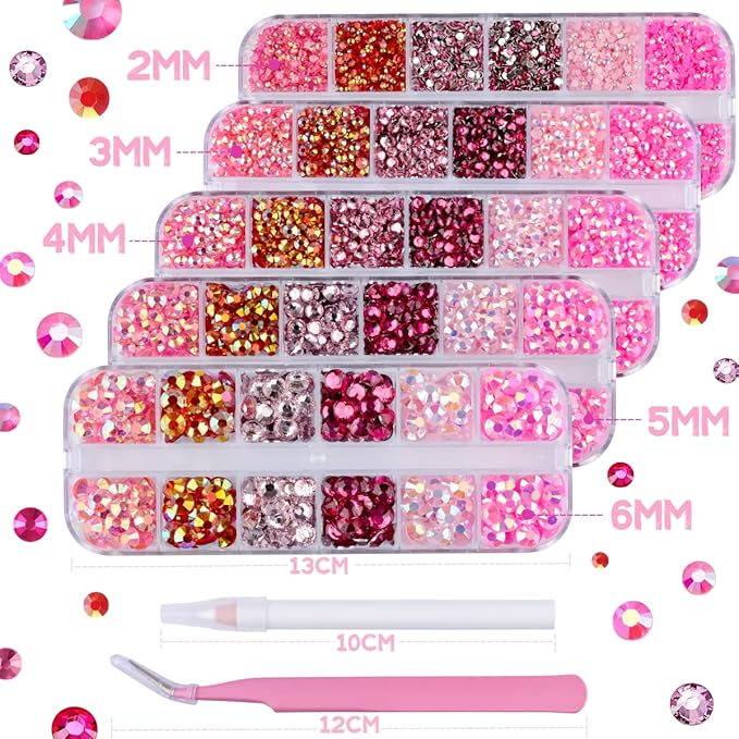 5 Boxes 12420pcs Sparkling Crystal Nail Rhinestones Kit, Flatback Multicolor Transparent Jelly AB Mermaid Gems with Pick Up Pen and Curved Tweezers for Manicure Salon & Craft DIY Designs (Pink)