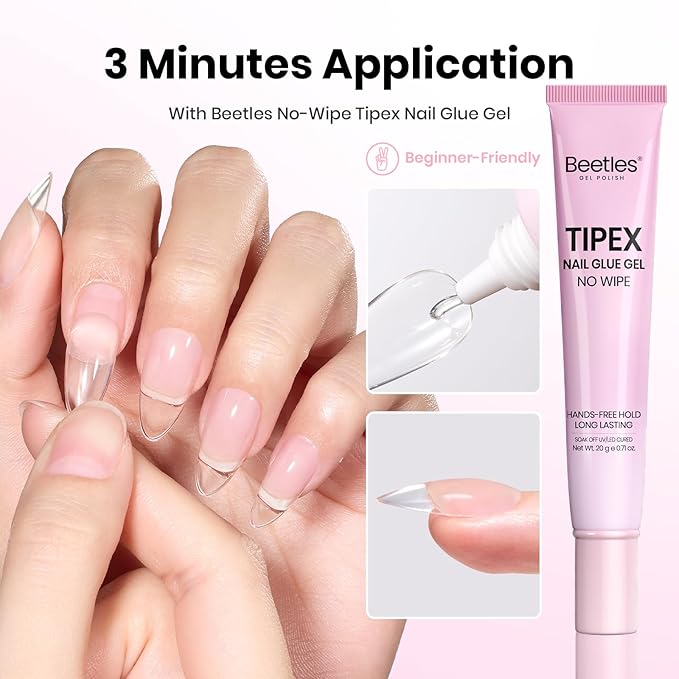 Beetles 20g Tipex Nail Glue Gel, No Wipe & No-Need-to-Hold, Designed for Tipex Instant Apex Nail Tips, Flat-Nail Friendly, DIY & Salon Use, UV/LED Cured