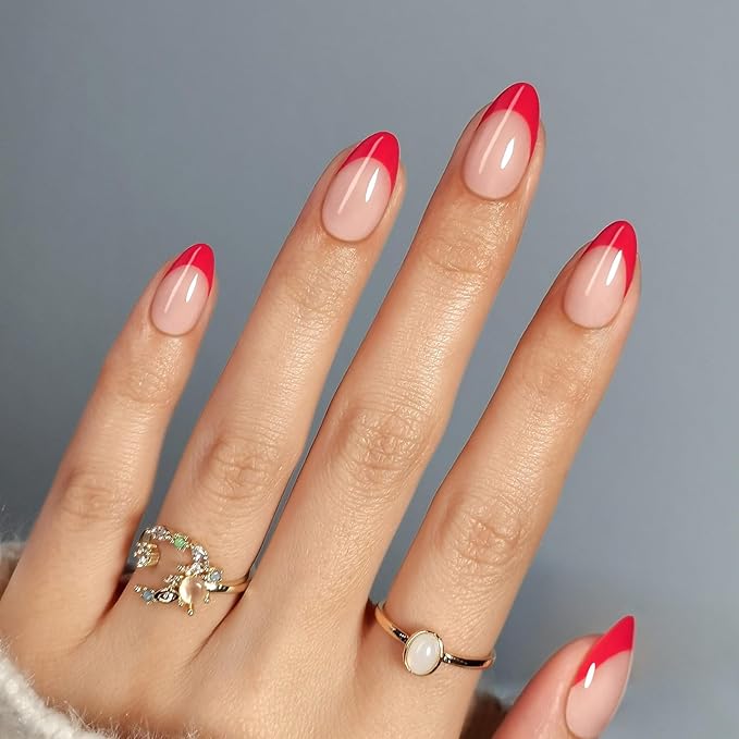 Red French Tip Press on Nails Short - SHANGMENG Soft Gel Valentines Almond Nails for Women Gift, Fit Perfectly & Natural Glue on Nails with Glue in 16 Sizes - 32 Reusable Fake Nails, Red French