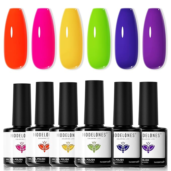 modelones Neon Gel Nail Polish Set, 6 Colors Summer LGBT Neon Bright Hot Pink Green Navy Blue Purple Orange Yellow Nail Gel Kit Soak Off Nail Art Design Manicure DIY at Home Salon Gift Unisex
