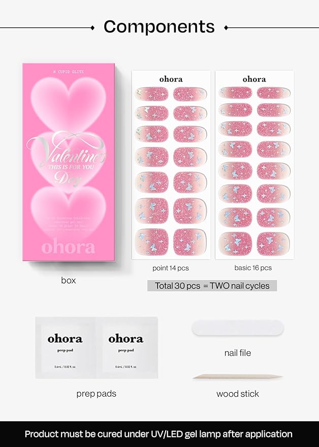 ohora Semi Cured Gel Nail Strips (N Cupid Glitz) - Salon-Quality Valentines Nails, Works with Any Lamps, Long Lasting, Easy to Apply & Remove, Chip Resistant