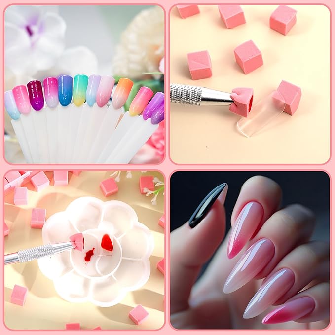 Mimorou 100 Pcs Ombre Nail Sponges Mini Nail Art Sponges with Grabbing Pen Storage Box Pink Ombre Brush Professional Tools Accessories Supplies Home Art Salon, 0.4"x0.4"