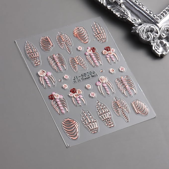 Halloween Nail Art Stickers Decals 5D Embossed Skull Nails Stickers Rose Gold White Skeleton Nail Decal Self-Adhesive Flower Nails Art Decal for Women Halloween Decor