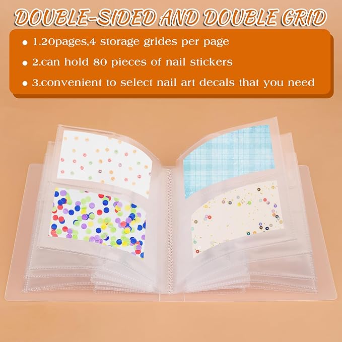 80 Slots Nail Sticker Book Transparent Artistic Sticker Album Organizer Design for Nail Desk Tidy Art Decals Holder Organizer Display Book DIY Nails Arts Design Tools Manicure Tools