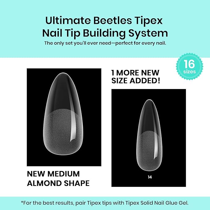 Beetles Tipex Instant Apex Nail Tips Almond Medium 16 Sizes 192 Pcs Pre-Etched Pre-Building Strong Thick Acrylic Tips