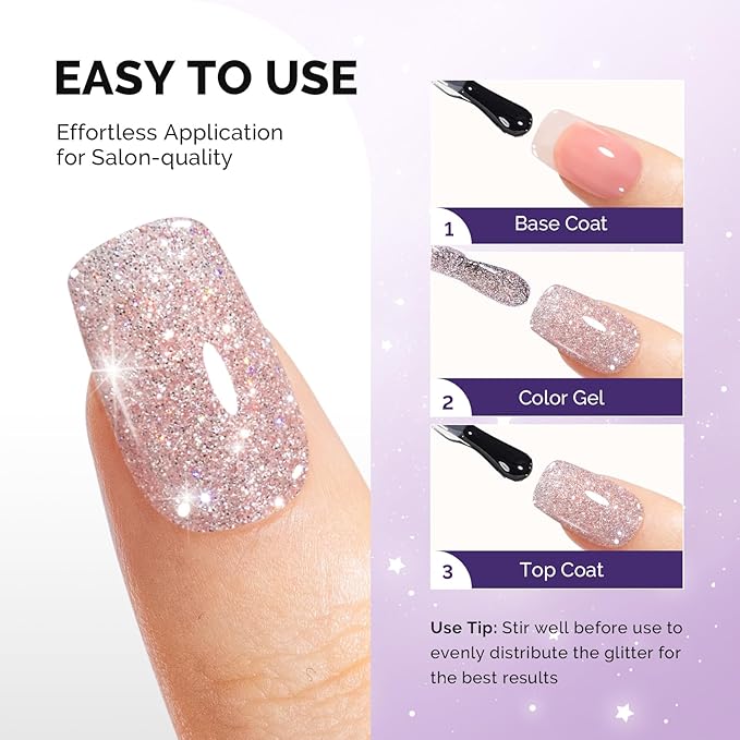 MelodySusie Galaliver Pink Glitter Gel Nail Polish, 15ML Sparkly Light Pink Shimmer Gel Polish Soak Off UV LED Cured Long Lasting Gift for Women DIY Nail Design Nail Art Manicure X04