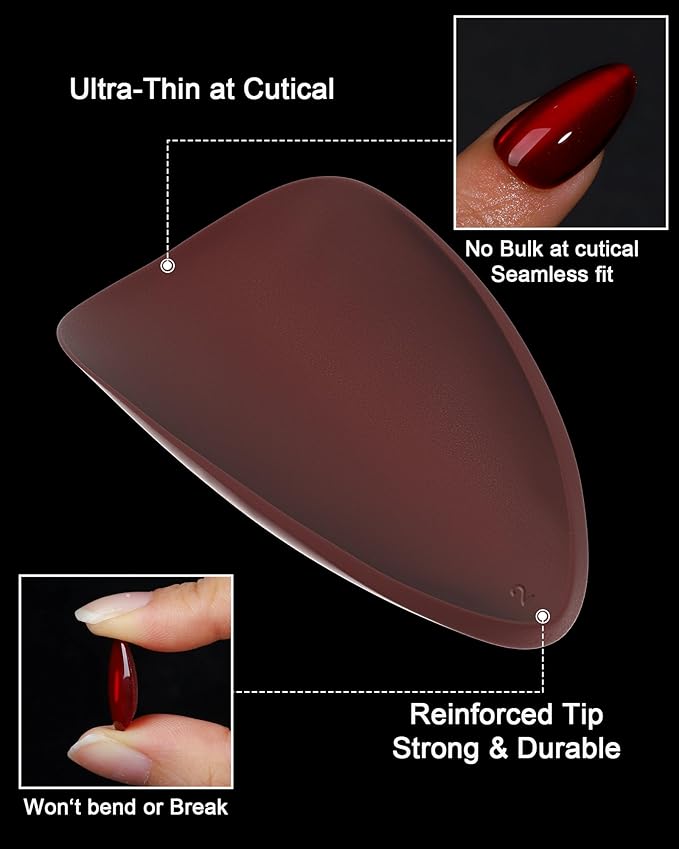 Burgundy Red Cat Eye Press on Almond Nails Short 16 Sizes Glass Glossy Gel Fake Manicure with Glue & Stick