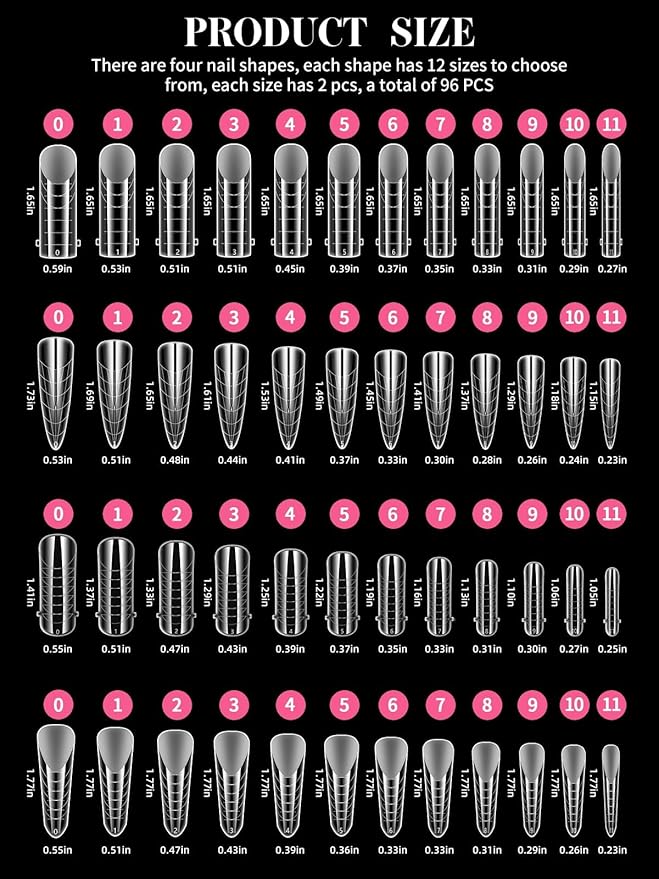 EBANKU 96PCS 4 Styles Dual Nail Forms for Polygel, Clear Matte ABS Plastic Nail Mold Tips, 12 Sizes, Full Cover, Salon Home DIY Manicure