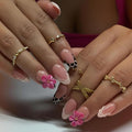 French Tip Press on Nails Medium Almond Fake Nails 3D Flower Nails Press Ons with Rhinestones Design Leopard Print False Nails Glossy Glue on Nail Acrylic Stick on Nail for Women 24Pcs
