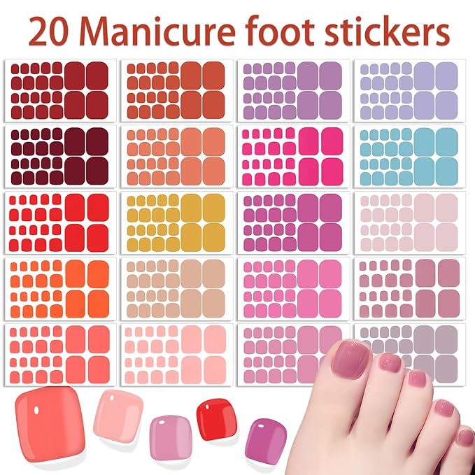 WOKOTO 20 Sheets Toe Nail Stickers Solid Color Full Nail Wraps for Women Nails, Pink - Red Nail Polish Strips for Toes Nails Art Stickers Decals Self Adhesive Nail Polish Wraps Toenail Strips