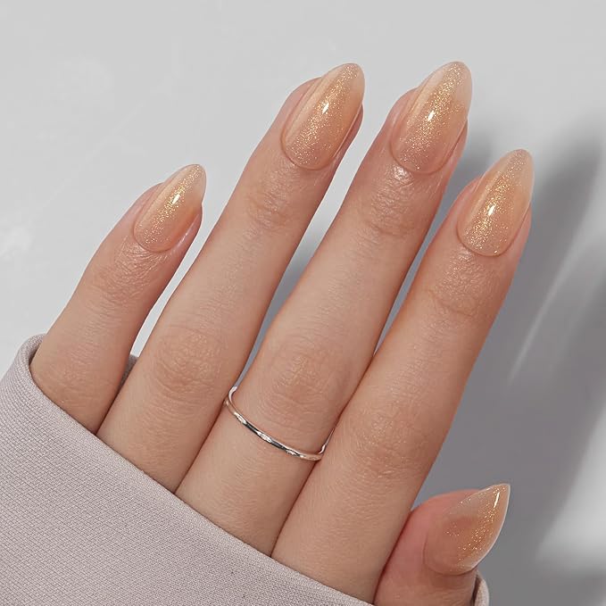 VSALON Press On Nails Short Almond, Light Apricot Gold Glitter Shimmer Sparkle Nails, Salon Quality Fake Nails Kit - 32 PCS Stick on Nails in 16 Sizes with UV Glue & Cuticle Oil