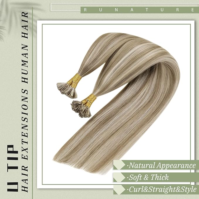 RUNATURE U Tip Human Hair Extensions Ash Brown to Platinum Blonde, K Tip, Real Human Hair, Short, Hot Fusion, Straight, Can be Styled, 12 Inch, 40g, 50s