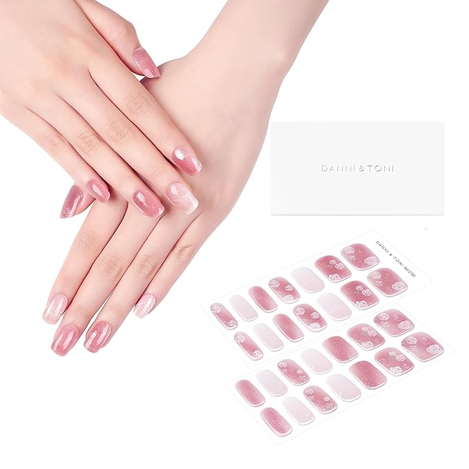 DANNI & TONI Semi Cured Gel Nail Strips Floral (Petal Kiss) Pink White Ombre Gel Nail Wraps 28 Stickers