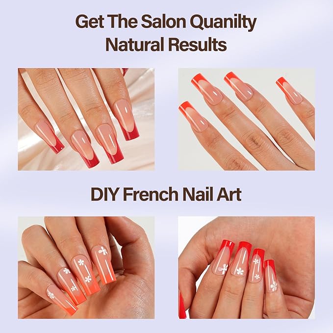 Misssix XBASICTIPS French Tip Press On Nails, 300Pcs Red French Gel Nail Tips Long Square, Soft Gel Pre-shaped No Need to File 3 in 1 Tips, Fake Nails for Nail Art DIY Extension Designs 15 Sizes