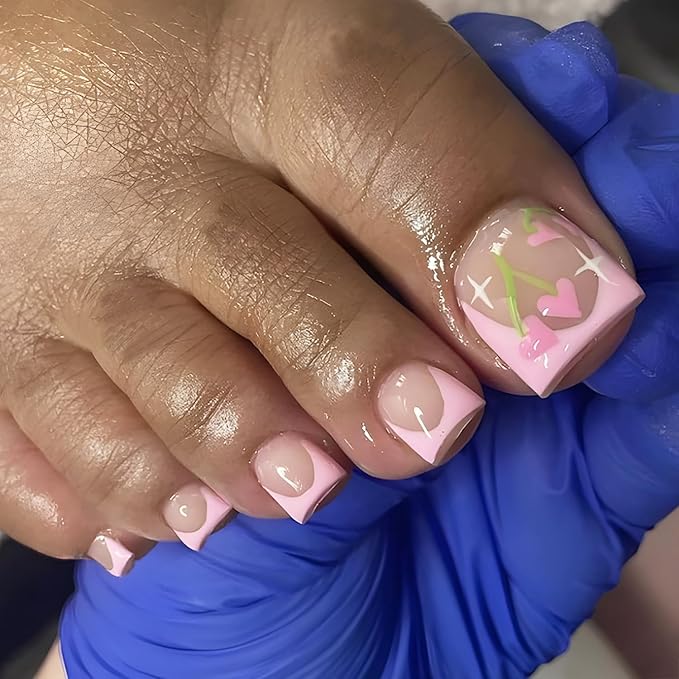 24 Pcs Valentines Day Press On Heart Pink French Tip False Toenails Full Cover Glue On Nails for Women Girl Nail Design Decoration