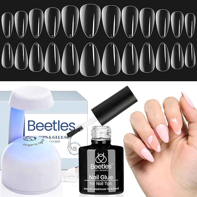Beetles Gel Nail Kit 504Pcs Short Almond Gel Nail Tips with 9 in 1 Nail Glue Nail Extension Set Uv Led Lamp Acrylic False Tips Kit DIY Nails Art Gifts for Women
