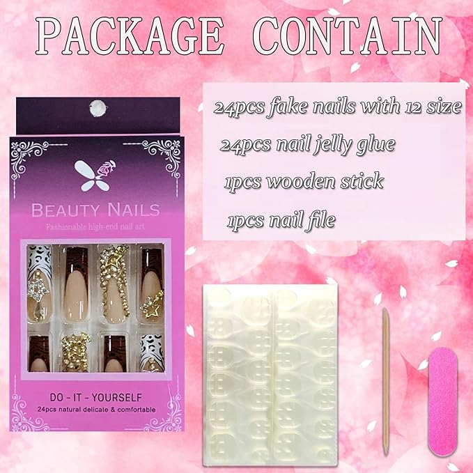 Press on Nails Coffin Long Length Acrylic Glossy Full Cover Square Shaped French False Nails with Designs Artificial Extra Long Fake Nails with Charms Glue ons Fingernails for Women(C080)