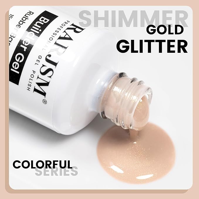 RARJSM Glitter Rubber Base Gel Nail Polish Nude Apricot Pink Rubber Base for Nails Gold Shimmer Brush on Quick Extend Builder Hard Gel Soak Off Curing Requires 15ml Salon Home French Manicure