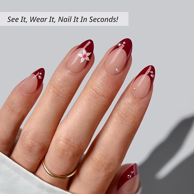 BTArtbox Press On Nails Short - Rococo Bloom, Red 3D Flower Pearl Almond French Tip Press On Nails with Glue and Adhesive Tabs for Women, Soft Gel Glue On Nails in 16 Sizes - 32 Stick On Nails Kit