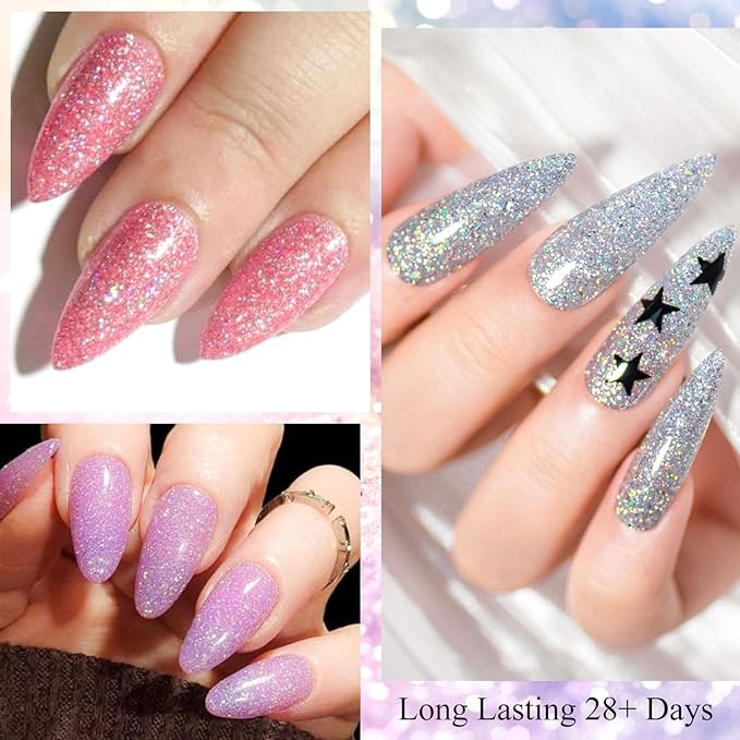 MTSSII Reflective Glitter Gel Nail Polish Set of 12 Colors Pink Red Silver Shimmer Sparkle Gel Polish Collection Kit LED Soak Off Nail Polish Manicure Art Gel Kit Home DIY Nail Salon