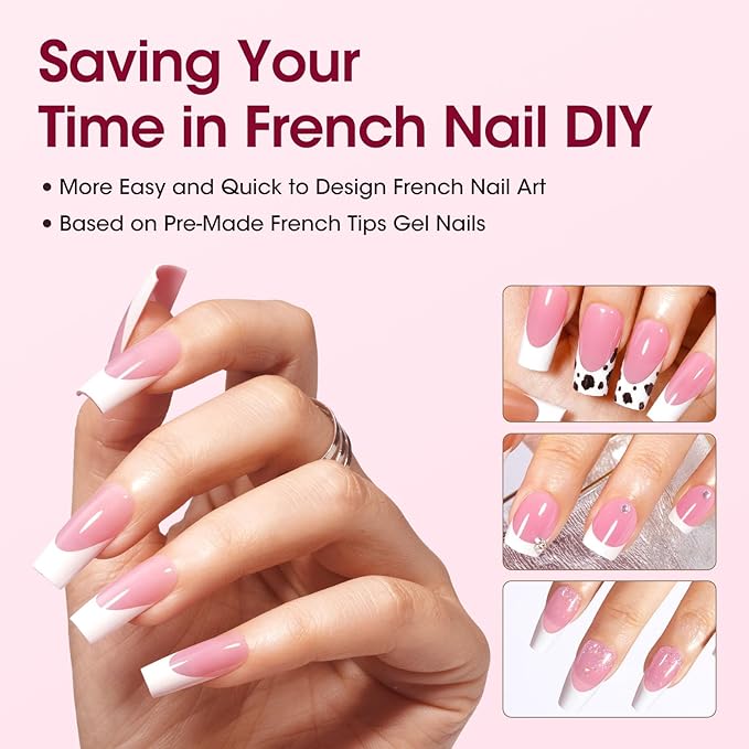 Gellen French Soft Gel Nail Tips - 150 pcs 15 Sizes French Tip Press on Nails Pink Long Square Fake Nails, 3 in 1 Pre-french Gel Nail Tips No Need to File