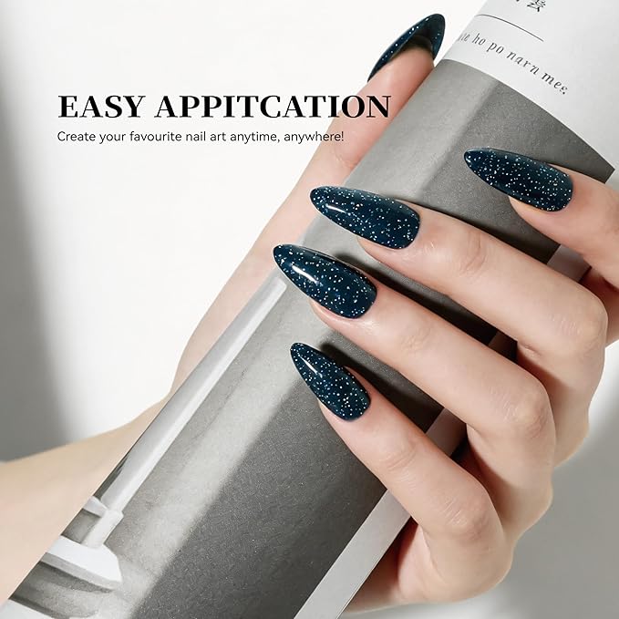 Semi Cured Gel Nail Strips Black Glitter Nail Strips with UV/LED Required Long Lasting Gel Nail Stickers Includes 22 Strips 2 Prep Pads, Nail File & Wooden Stick