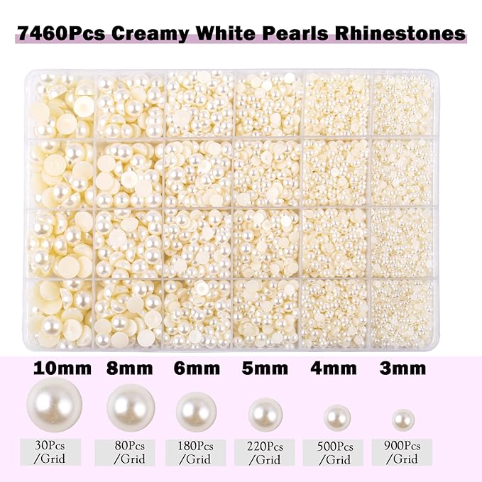 7460Pcs Creamy White Pearls Rhinestones, Flatback Pearls for Crafts Tumblers Shoes Nails Face Art, Assorted Size 3/4/5/6/8/10mm Craft Half Pearls（Creamy White）