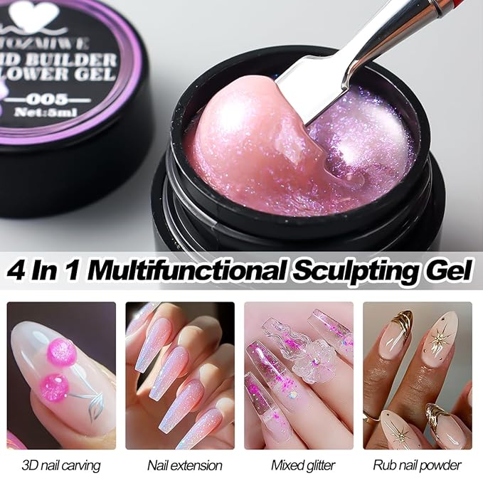 Solid Builder Nail Gel,6 Colors Non-Sticky Hand 3D Sculpting Gel for Nail Art, Nail Extension Glue Hard Gels Nail Kit with Nails Rhinestone for 3D Flower Carving Modeling Manicure Salon Supplies