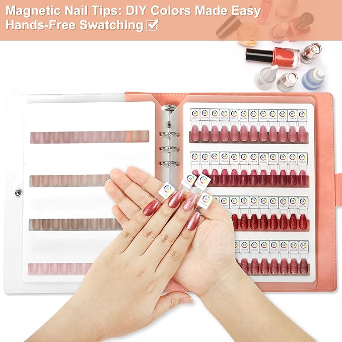 144 Magnetic Nail Swatch Book,Leather Nail Color Display Book with 144 Magnetic Tips & Number Labels,Professional Nail Salon Color Display Book for Easy Preview & Storage ( 3 Page )