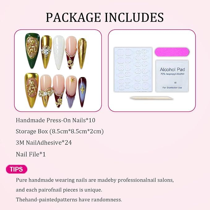 Handmade Press on Nails French Tip False Nails with Golden Little Angel Design - Luxury Gold Vintage 3D Rose Bow Full Cover Reusable Medium Almond Acrylic Nail Tips Thicked Stick on Nail for Women (S)