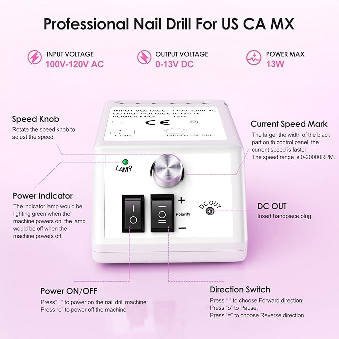Professional Nail Drill Machine 20000RPM Efile Electric Nail Filer Kit for Finger Toe Nails, Acrylic Gel Nails Manicure Pedicure, with 6Pcs Nail Bits and 106Pcs Sanding Bands - White
