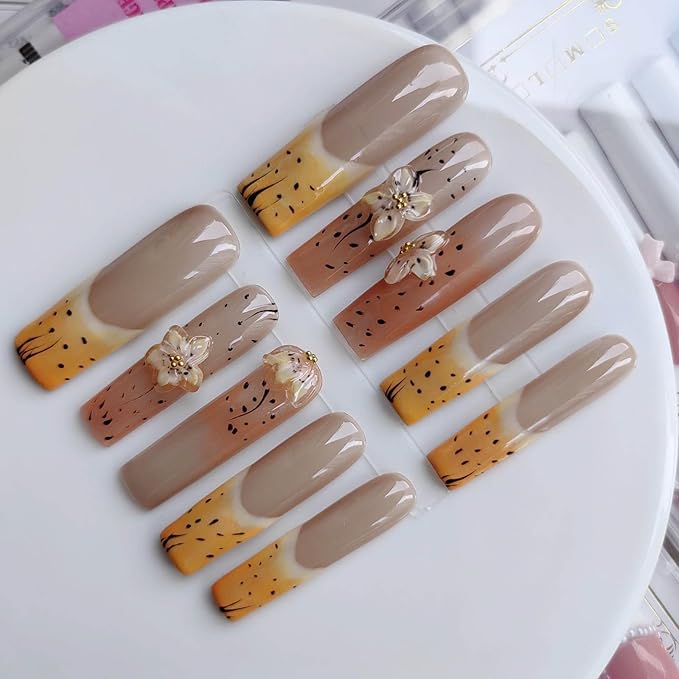 Extra Long Press on Nails Handmade Square Press-on Nails Yellow Fake Nails with Flower Design Press Ons 10pcs M Size Pattern 1101