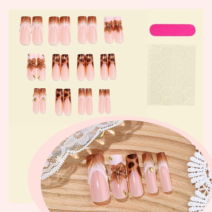 Long Square Press on Nails Fake Nails Artificial Nail Stick on Nail for Women Chic Brown & Gold Design with 3D Flowers, Leopard Print, and Gold Dots 24Pcs