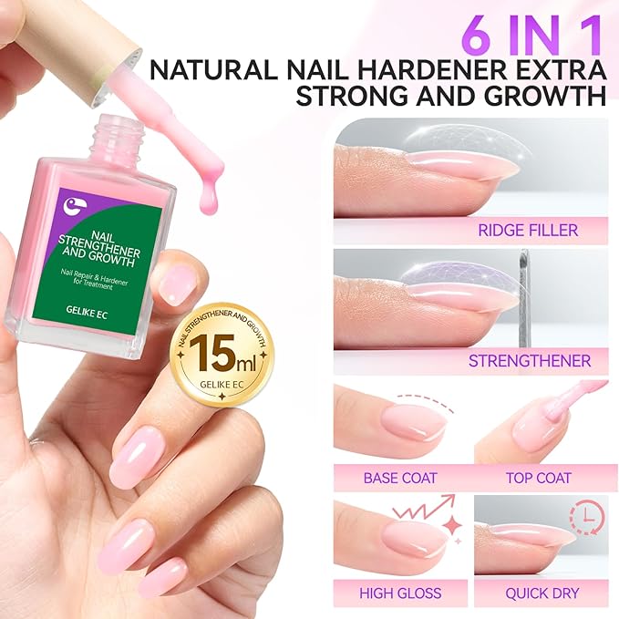 Nail Strengthener and Growth Polish for Women: Milky Pink 15ml Nail Hardener Extra Strong and Growth for Damaged Nails - 6 in 1 Protein Ridge Filler for Home Salon Use - Women Housewife DIY Enthusiast