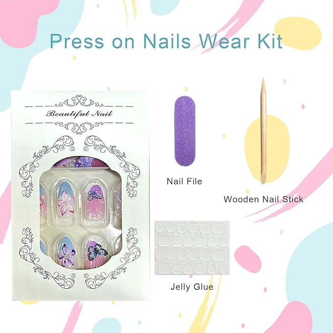3D Flower Press on Nails Medium Almond Fake Nails with Butterfly Designs Blue French Tip False Nail Spring Summer Floral Stick on Nail for Women 30 Pcs